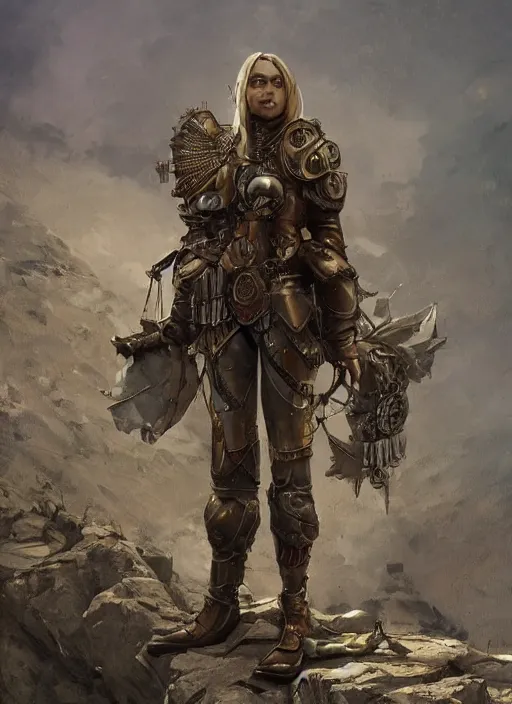 Prompt: highly detailed steampunk armor on a blond who is standing on a rock : greg rutkowski