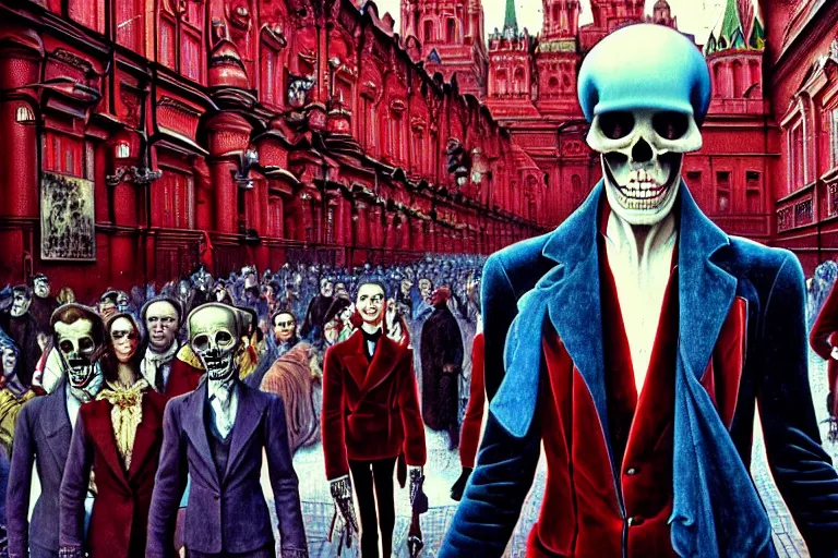 Image similar to realistic detailed photorealistic film portrait shot of a single skeleton wearing crimson velvet blazer in a crowded futuristic moscow street by Denis Villeneuve, Amano, Yves Tanguy, Alphonse Mucha, Ernst Haeckel, Andrei Tarkovsky, Edward Robert Hughes, Roger Dean, rich moody colours, wide angle, blue eyes