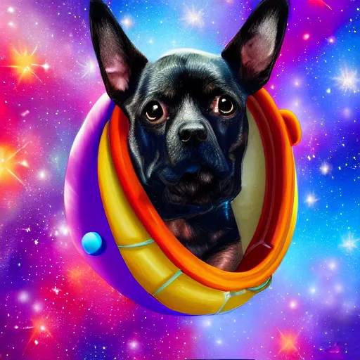 Image similar to digital painting of dog floating and pooping in space, nebula background, beautiful, hyper detailed