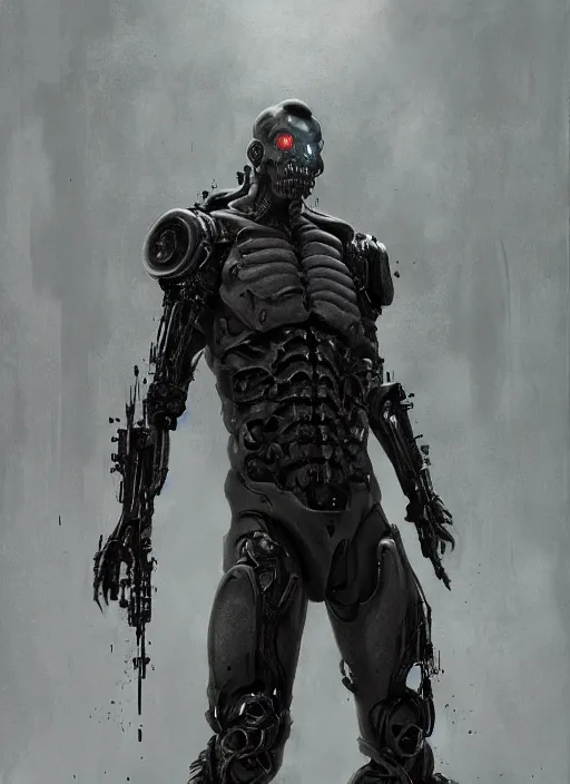 Image similar to marilyn manson as victor stone, full body concept, cyborg, borg, strogg, face of a man, terminator, flesh, quake strogg, doom demon, wolfenstein, monstrous, powerful, symmetry, symmetrical, concept art by ruan jia and greg rutkowski