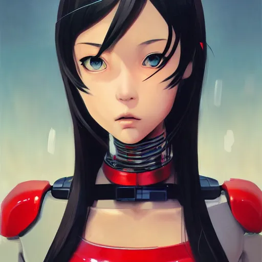 Image similar to A cyborg girl with big and cute eyes, fine-face, realistic shaded perfect face, fine details. red and black robotic parts. Very anime. Realistic shaded lighting poster by Ilya Kuvshinov katsuhiro, magali villeneuve, artgerm, Jeremy Lipkin and Michael Garmash, Rob Rey and Kentarõ Miura style, trending on art station