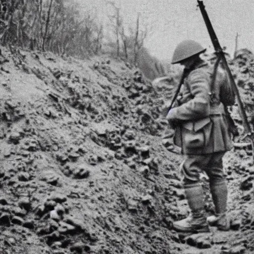 Image similar to Still image of Jerma985 in the trenches of world war one, old black and white war photograph, film grain