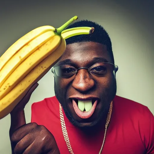 Image similar to angry gucci mane eating bananas in the hood, 8k resolution, full HD, cinematic lighting, award winning, anatomically correct