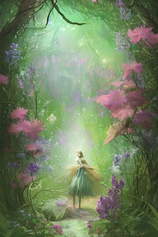 Prompt: beautiful digital matter cinematic painting of whimsical botanical illustration o bellflower hidden thicket, whimsical scene bygreg rutkowki artstation