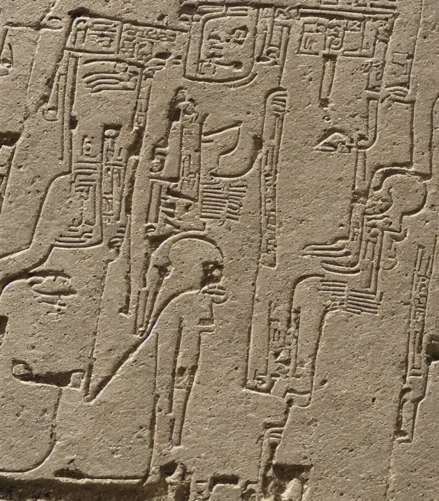 Prompt: ancient hieroglyph engraved into limestone