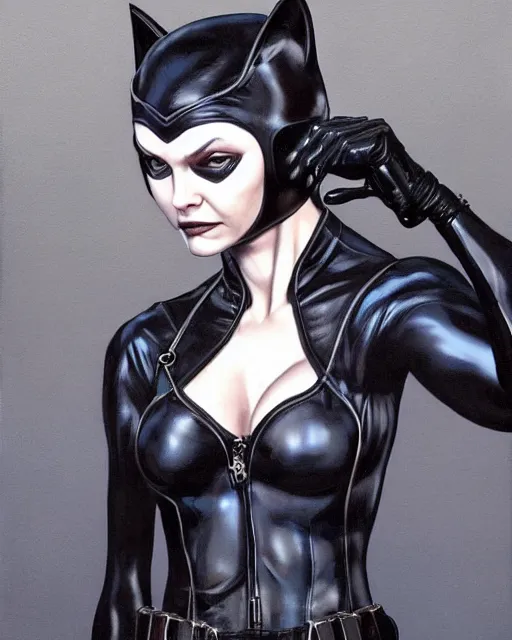 Image similar to full figure hyper realistic painting of young michelle pfeiffer as catwoman, hyper detailed, by clay mann, ayami kojima and greg rutkowski, trending on artstation, 3 light sources, rule of thirds, dutch angle