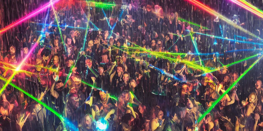 Image similar to wet complex, colored lasers, people, skin, god rays, hair, wet metal reflections, mirrors, infinite, close up, wet, ultra detailed, group of people