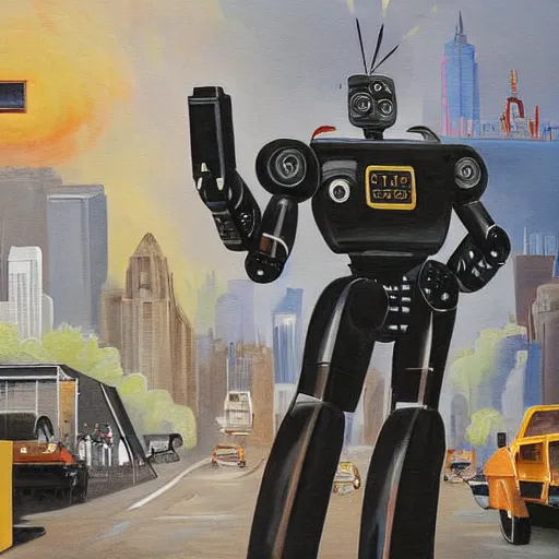 Image similar to a beautiful complex painting of a robot pointing a gun at elon musk the background is the street of new york