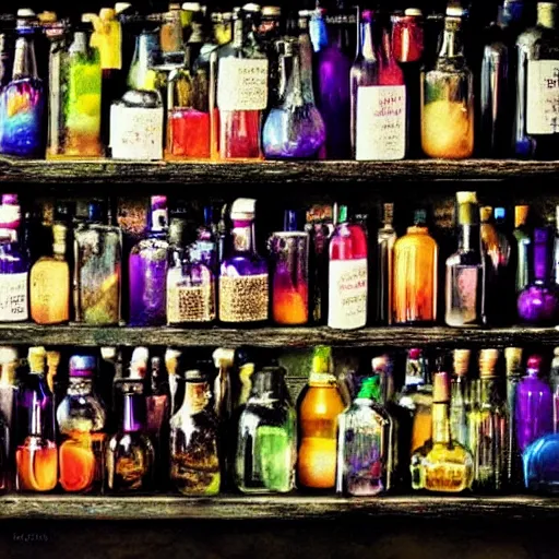 Image similar to On the shelf are bottles with multi-colored universes inside. Alchemist's desktop. fantasy