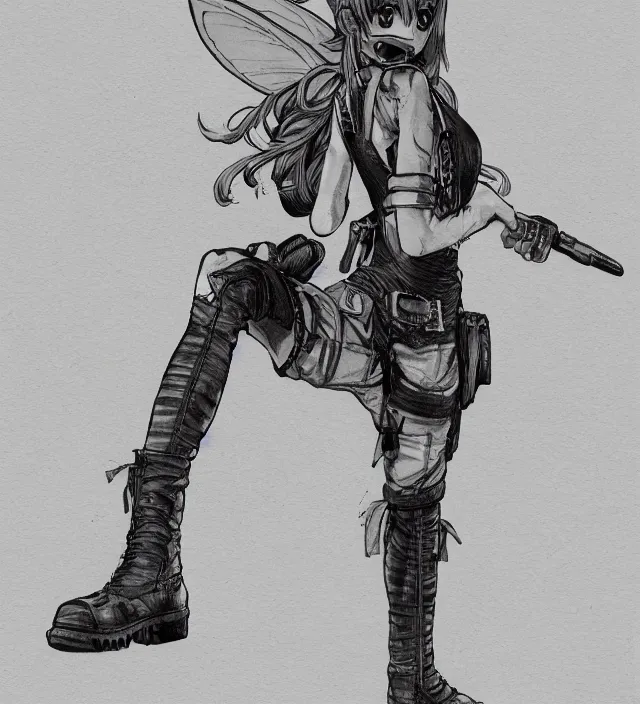 Prompt: full body pose, hd, manga anime portrait of a fairy girl in combat boots and overalls, ishikawa ken, frank miller, jim lee, alex ross style detailed trending award winning on flickr artstation,