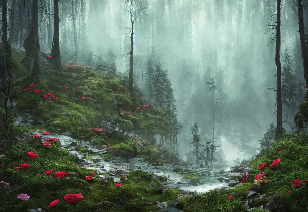 Image similar to handmade stunning landscape of a big and deep forest, ornate, beautiful, atmosphere, vibe, mist, chimney, pristine, puddles, melting, dripping, creek, lush, forest, roses, flowers, by kilian eng jake parker loish, octane render, 8 k hd resolution, high quality image