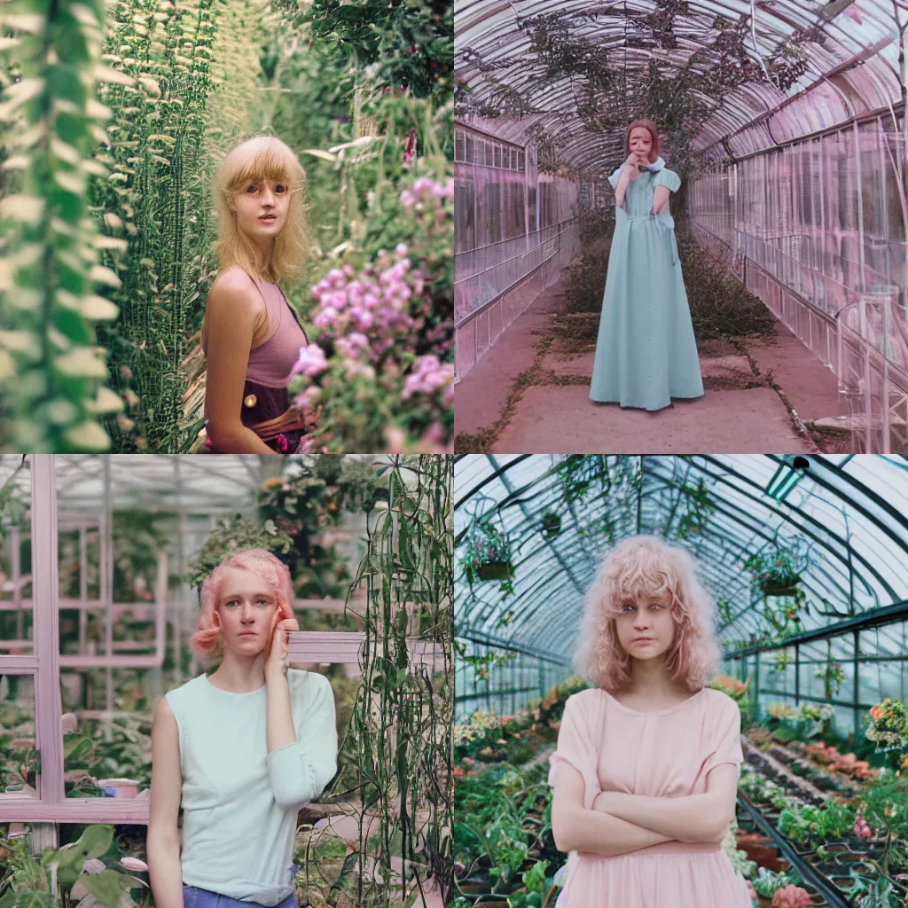 Prompt: head and shoulder portrait photograph of a woman inside a greenhouse by nina masic. pastel colors. Portra 400 film. Mamiya 7. highly detailed. hq. photoreal.