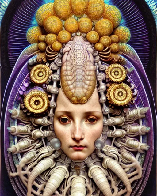 Image similar to hyperrealistic detailed face portrait of the beautiful goddess of the giant isopods with an intricate golden ornamental geometrical fractal giant isopod masked headdress, art by ernst haeckel, john william godward, android jones, alphonso mucha, h. r. giger, gothic - cyberpunk, ornamental, dimmed pastel colours,