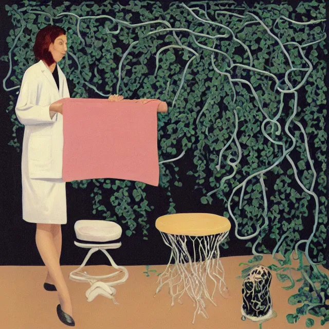 Prompt: a female pathology student in her apartment, wrapped in vines, medical equipment, stepping stones, octopus, pig, black walls, ikebana, black armchair, sculpture, acrylic on canvas, surrealist, by magritte and monet