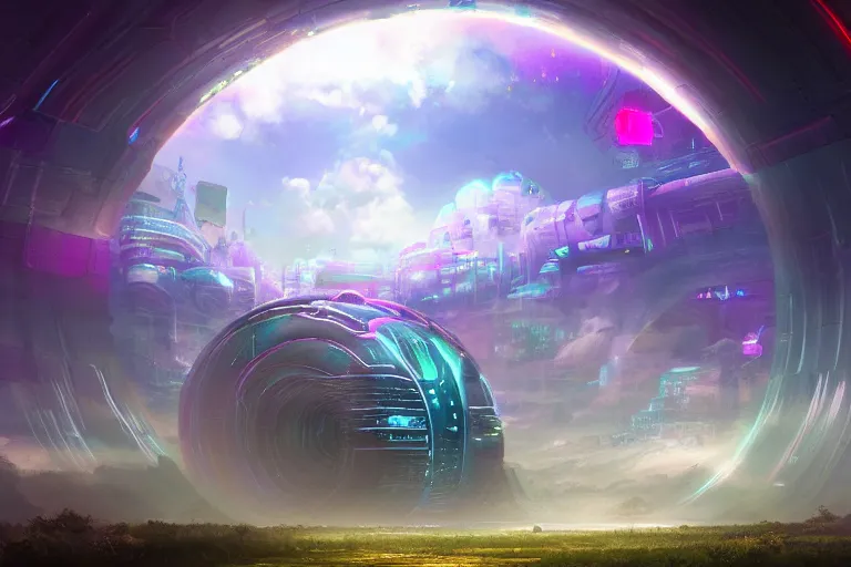 Image similar to a psychedelic realm with rolling plains made out of clouds, and a giant cyberpunk portal that leads into the multiverse, in the style of wlop, illustration, epic, fantasy, hyper detailed, smooth, unreal engine, sharp focus, ray tracing