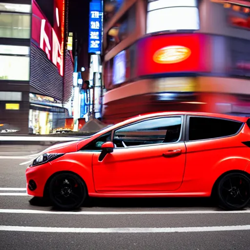 Image similar to red ford fiesta mk 5 zetec in shibuya tokyo, award winning photograph, night time