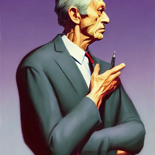 Prompt: Portrait of Dr. Who wearing a business suit , very coherent, painted by Edward Hopper, Wayne Barlowe, painted by James Gilleard, airbrush, art by JamesJean