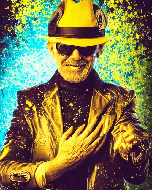 Prompt: an intimate portrait of a gnarly human cyberpunk captain, old skin, faded fedora, charming, strong leader, metal eye piece, a look of cunning, big smile, abstract splatter, watercolour, romantic, romanticism, impressionist, golden cityscape, lasers, sparks, yellow and blue and cyan