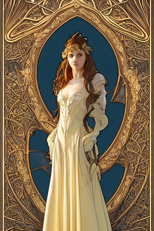 Image similar to full - body artwork, cattie - brie of mithril hall, by artgerm, andreas rocha, greg rutkowski. art nouveau neo - gothic sculpture by mucha. swirly intricate gilded linework background. gaudy colors, sharp edges. ultra clear detailed. 8 k. elegant. octane render