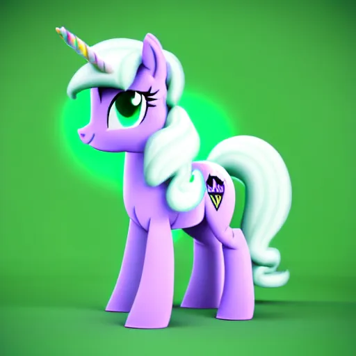 Image similar to white colored stoner pony from my little pony, marijuana themed, weed cutie mark, art, smoke everywhere, colorful, 3 d, render, blender 3 d, soft lighting, green mane, surrounded by smoke clouds spiraling around