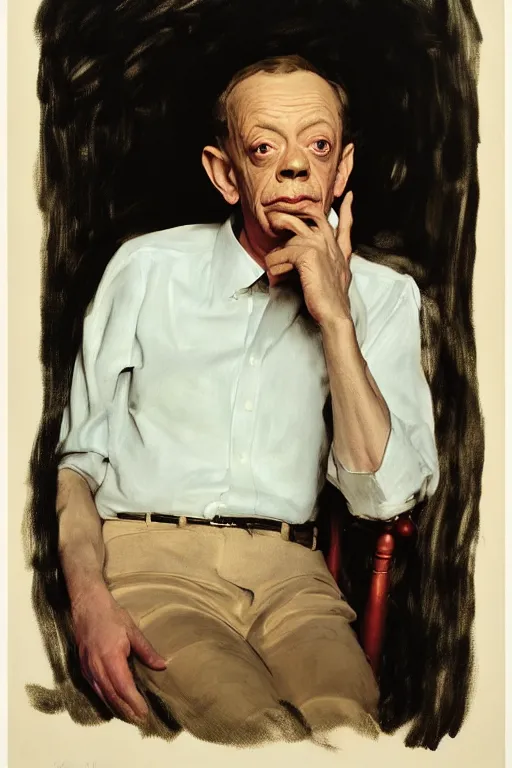 Image similar to portrait of don knotts sitting with full face full figure, in the style of expressionism, soft light, volumetric light, subsurface scattering, translucent skin, john singer sargent, andrew wyeth, jamie wyeth, john singer sargent,