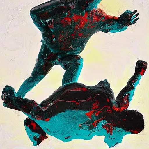 Image similar to insane, riotous teal by cornelia parker, by wayne thiebaud. a digital art of a large, black - clad figure of the king looming over a small, defenseless figure huddled at his feet. the king's face is hidden in shadow. menacing stance, large, sharp claws, dangerous & powerful creature.