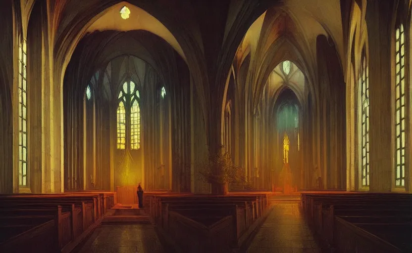 Prompt: Inside a gothic church, Edward Hopper and James Gilleard, Zdzislaw Beksinski, Mark Ryden, Wolfgang Lettl highly detailed, hints of Yayoi Kasuma