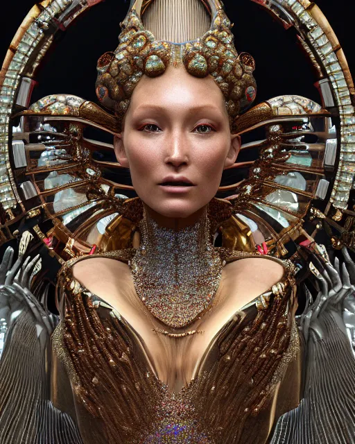 Image similar to a highly detailed metahuman 4 k close up render of an alien goddess bella hadid monument persephone in iris van herpen dress schiaparelli in diamonds crystals swarovski and jewelry iridescent in style of alphonse mucha gustav klimt trending on artstation made in unreal engine 4