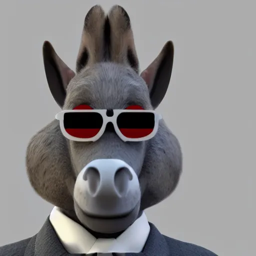 Prompt: 3D render of a donkey character in a suit wearing cool sunglasses, gray background, amazing detail, artstation, unreal engine 5, render