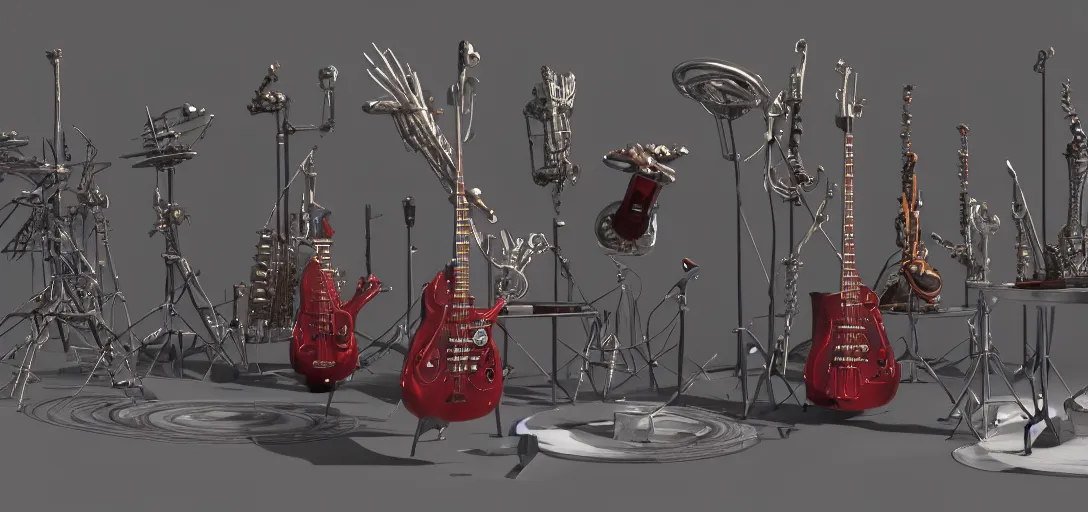 Prompt: Bryce-3d!!!-octane-render of a suite of unique alien musical instruments, expensive Hollywood CG influenced by Michael Whelan and Pixar