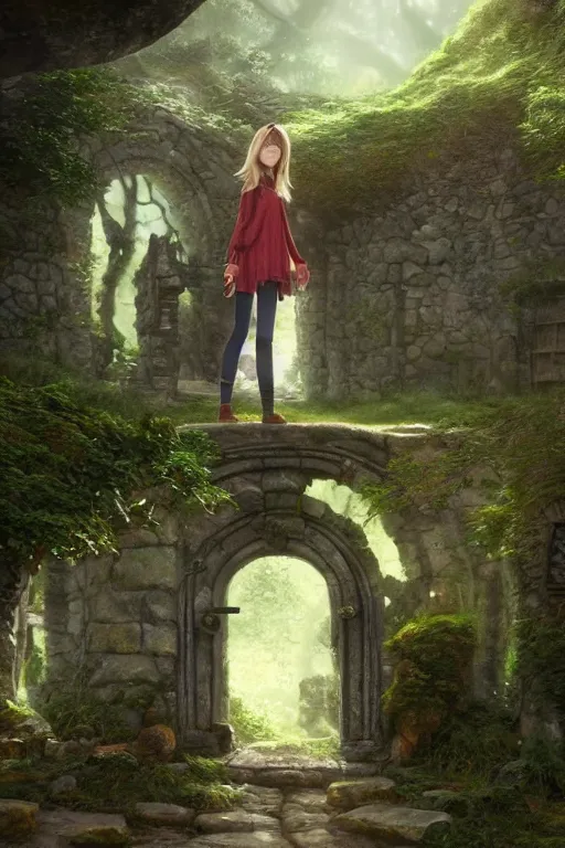 Prompt: a highly detailed matte painting of a teenager with shaggy hair and hip clothes standing in front of a stone gate in the elven forest ruins, by studio ghibli, by artgerm, by wlop, by greg rutkowski, red tones, volumetric lighting, octane render, 4 k resolution, trending on artstation, masterpiece