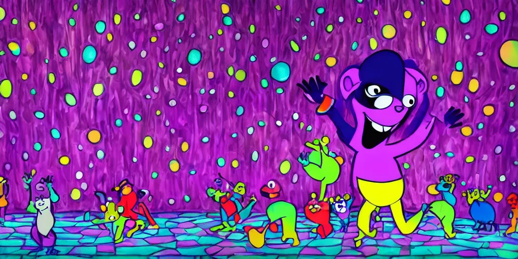 Image similar to a purple lemur dancing in a disco with other colorful lemurs in the background, cartoon artstyle
