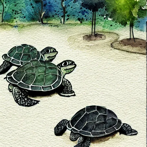 Prompt: Adorable turtles playing at the park in watercolor style