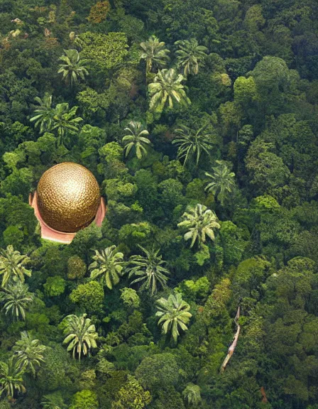 Prompt: aerial view of a massive gold sculpture in the jungle covered by plants, flowers and vines photograph, architecture carved for a titan, beautiful in its smoothness and expansiveness, curving geometric arches, architectural photograph by louis kahn and moshe safdie