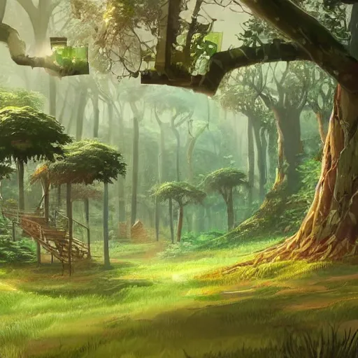 Image similar to concept art painting of a forest with treehouses made of trees and roots, treehouses inside trees, vines, deep forest, realistic, detailed, cel shaded, in the style of makoto shinkai and greg rutkowski and james gurney