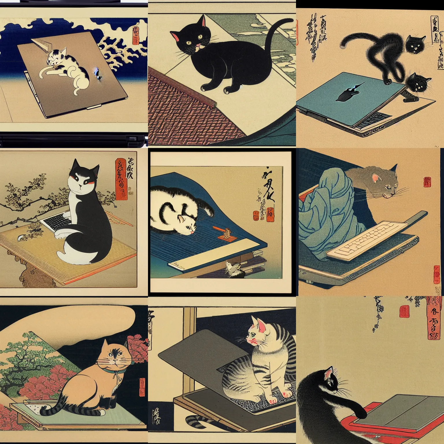 Prompt: cat sitting on top of a macbook pro laptop, katsushika hokusai, japanese woodblock print, very detailed, intricate, beautiful, circa 1 8 3 0