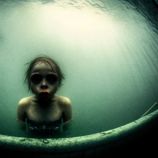 Image similar to sea monster about to eat pov underwater, pale skin, dark yellowish water, foggy water, dark, dramatic,'silent hill ', big eyes, alluring and terrifying, cinematic