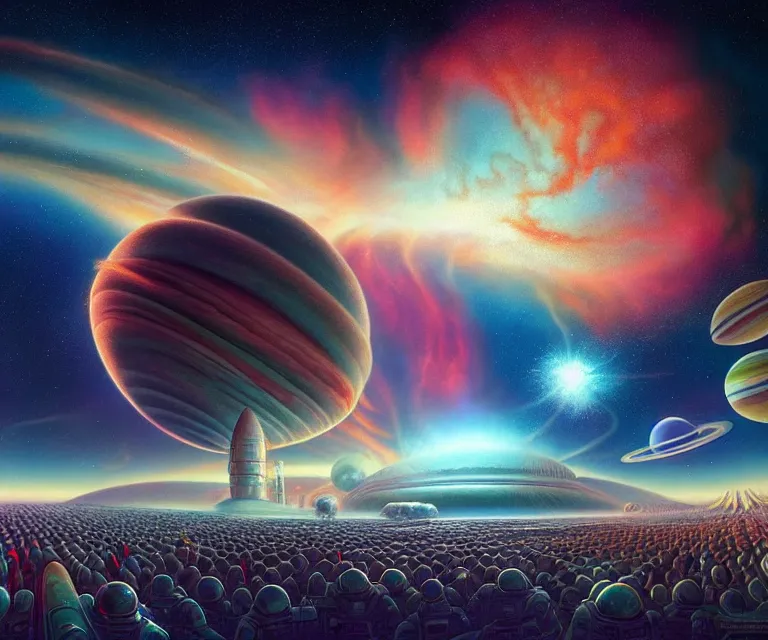 Image similar to hyper detailed 3d render like a Oil painting - crowds cheer at a spaceport on a beautiful faraway planet as a rocket blasts off, large gas giant in the dramatic nebula-filled alien sky, retrofuturistic science fiction vibe, by Jacek Yerka, Mariusz Lewandowski, Houdini algorithmic generative render, Abstract brush strokes, Masterpiece, Edward Hopper and James Gilleard, Zdzislaw Beksinski, Mark Ryden, Wolfgang Lettl, hints of Yayoi Kasuma, octane render, 8k, wide angle shot