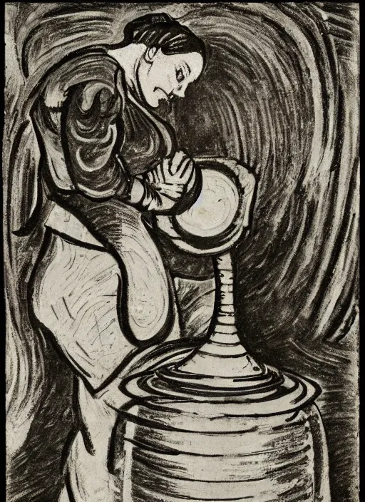 Image similar to abstract stylized charcoal drawing of a woman working on a tall vase at a pottery wheel, da vinci, van gogh