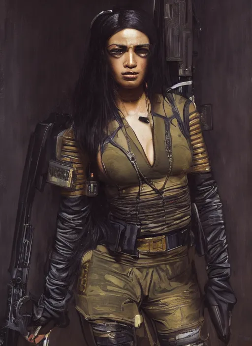 Image similar to Katana. beautiful cyberpunk soldier wearing a military vest and military jumpsuit (cyberpunk 2077). gorgeous african face. Iranian orientalist portrait by john william waterhouse and Edwin Longsden Long and Theodore Ralli and Nasreddine Dinet, oil on canvas. Cinematic, hyper realism, realistic proportions, dramatic lighting, high detail 4k