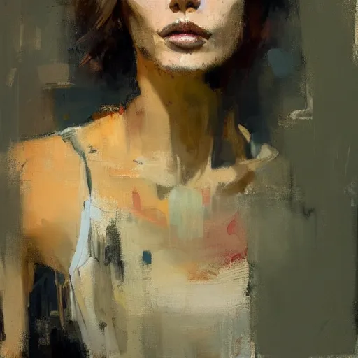 Image similar to full length portrait of a woman, by Jeremy Mann, detailed, stylized, loose brush strokes, intricate, realistic