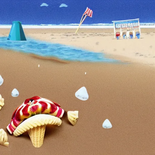 Image similar to donald trump, crying in a beach resort becase his ice cream cone fell on the sand. Hermit crabs surround the cone. Realistic, detailed, photorealistic.