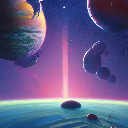 Prompt: space landscape, illustration painting, oil on canvas, intricate, portrait, detailed illustration, hd, digital art, overdetailed art, concept art, complementing colors, detailed, illustration painting by alex gray, digital art, overdetailed art, concept art, complementing colors rendered by beeple, syd meade, cgsociety