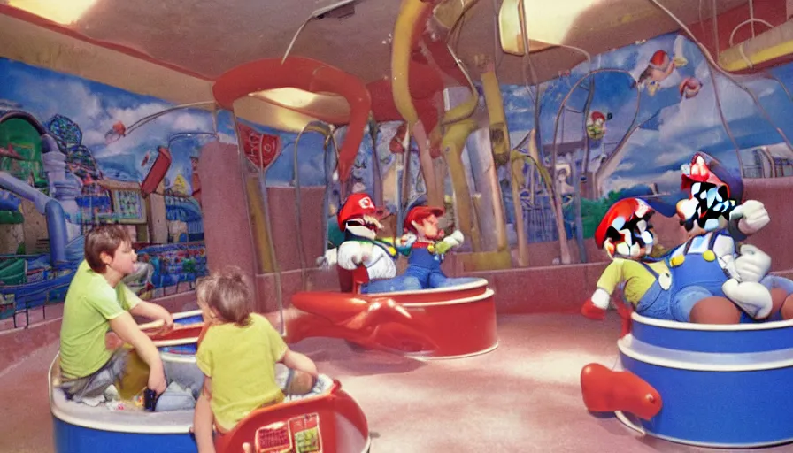 Image similar to 1990s photo of inside the Mario Plumbing experience ride at Universal Studios in Orlando, Florida, children riding through a giant Toilet while Mario fixed it with a plunger, cinematic, UHD