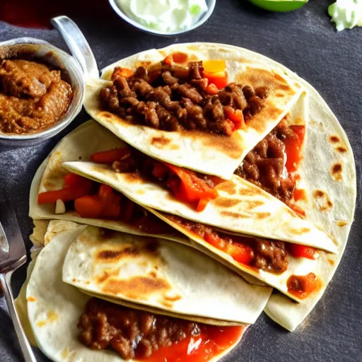 Prompt: quesadillas dipped in refried beans with fresh cheese on top