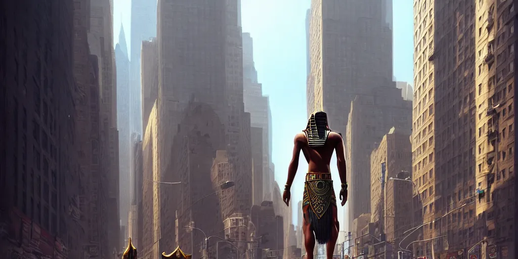 Image similar to an egyptian god walking the streets of new york, digital art, landscape, fantasy art, octane render, unreal engine, high detail, very realistic, by ross tran. by james gurney