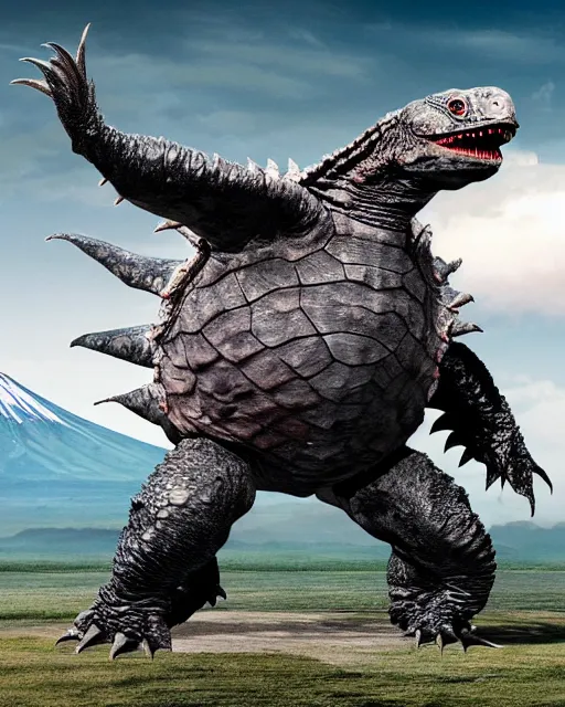 Image similar to full body photos of Gamera, the giant Turtle kaiju monster with Mount Fuji in the background, cinematic style, atmospheric, Japan, hyperreal