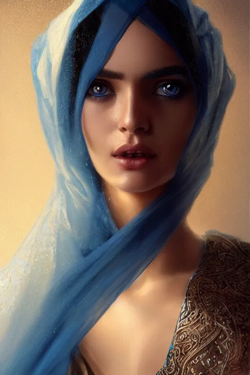 Image similar to modern tanned Ameera al-Taweel, bright blue eyes, wavy black hair, white veil, closeup, focus face, elegant, highly detailed, centered, oil painting, artstation, concept art by tom bagshaw