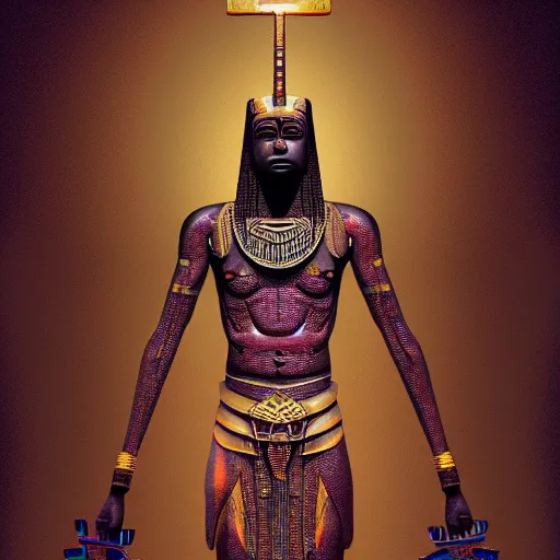 Prompt: osiris in humanoid form holding an ankh, artstation, complex, hyperrealism, character art