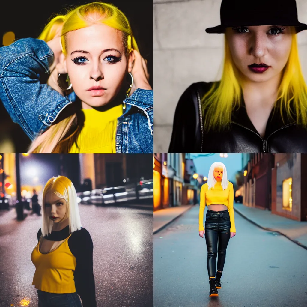 Prompt: 5 5 mm portrait photo of a girl with yellow hair wearing a leather crop top walking on a night street, 4 k photo, dslr, canon m 5 0, close up portrait